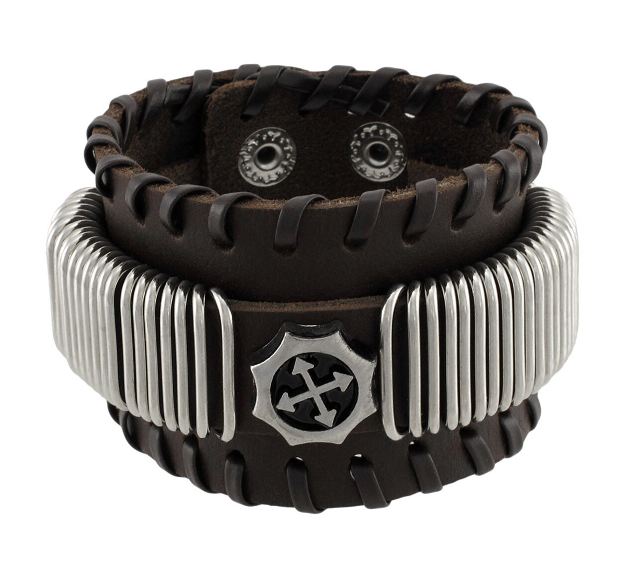Brown Leather Wristband with Chrome Rings Faux Compass Center